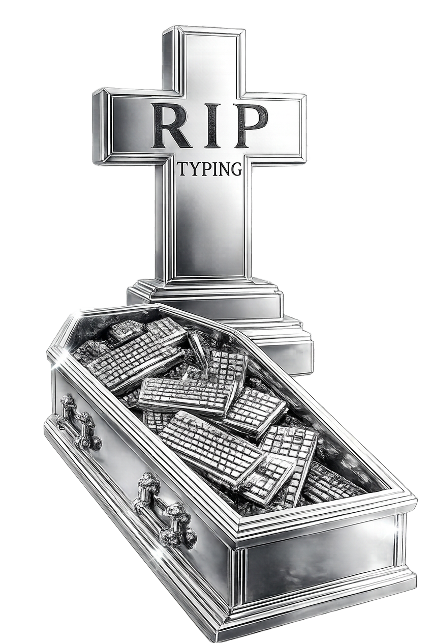 A chrome tombstone reading RIP TYPING beside a coffin filled with computer keyboards